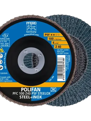 Abverkauf PFERD POLIFAN Fächerscheibe PFC 100x16mm konisch Z40 Universallinie PSF STEELOX Stahl/Edelstahl | keine Angabe | PFC / B / T29 | 10 Stück | 40 | 100 mm | 16 mm | 1070718