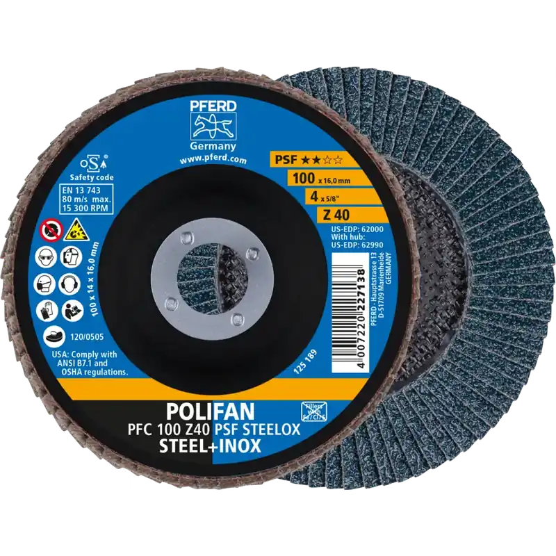 Abverkauf PFERD POLIFAN Fächerscheibe PFC 100x16mm konisch Z40 Universallinie PSF STEELOX Stahl/Edelstahl | keine Angabe | PFC / B / T29 | 10 Stück | 40 | 100 mm | 16 mm | 1070718