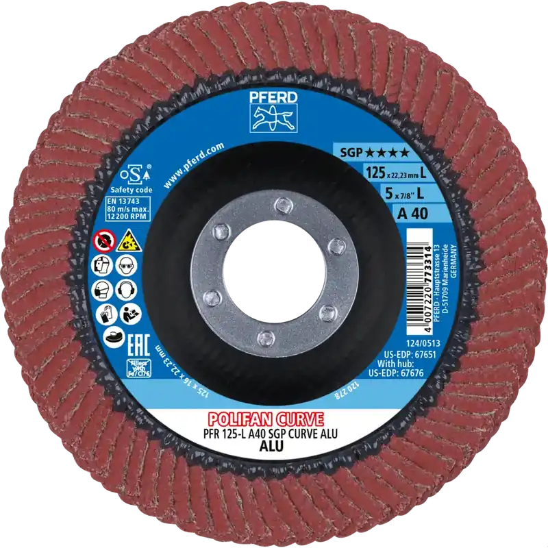 Zertifiziert PFERD POLIFAN CURVE Fächerscheibe PFR 125x22,23mm Breite L A40 Speziallinie SGP ALU für Alu | 125 mm | 1070670