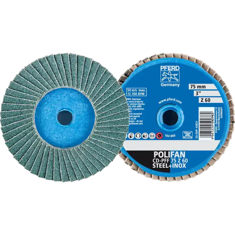Zertifiziert PFERD COMBIDISC Zirkon Mini-POLIFAN CD Ø 75mm Z60 für gehärteten Stahl | 60 | Zirkonkorund Z | 75 mm | System CD | 1066752