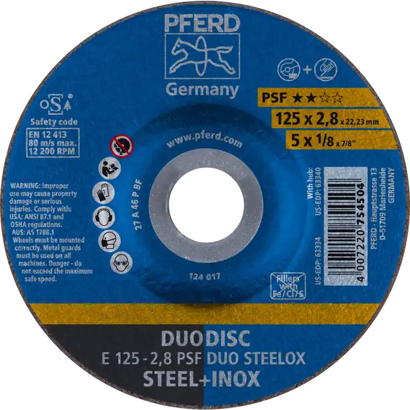 Abverkauf PFERD DUODISC Trenn-/Schleif. E 125x2,8x22,23mm gekr. Uni.-Linie PSF DUO STEELOX f. Stahl/VA | 125 mm | 2.8 mm | 22.23 mm | 1070088