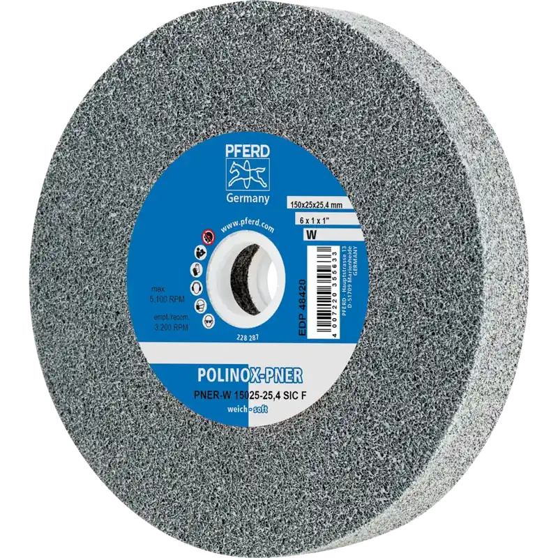 Ausverkauf PFERD POLINOX verpresstes Vlies-Rad PNER Ø 150x25mm Bohrung-Ø 25,4mm Weich SIC Fein | W (weich) | fein | Siliciumcarbid SiC/C | 150 mm | 25 mm | 25.4 mm | 1068916