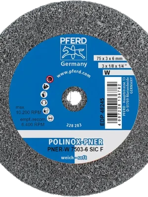 Abverkauf PFERD POLINOX verpresstes Vlies-Rad PNER Ø 75x3mm Bohrung-Ø 6mm Weich SIC Fein | W (weich) | fein | Siliciumcarbid SiC/C | 75 mm | 3 mm | 6 mm | 1069855