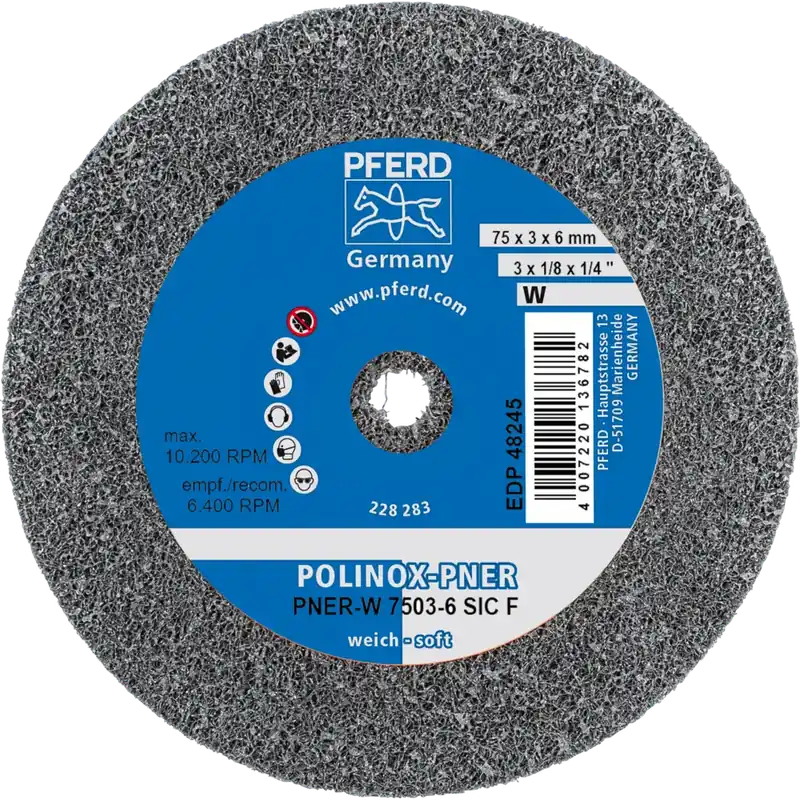 Abverkauf PFERD POLINOX verpresstes Vlies-Rad PNER Ø 75x3mm Bohrung-Ø 6mm Weich SIC Fein | W (weich) | fein | Siliciumcarbid SiC/C | 75 mm | 3 mm | 6 mm | 1069855