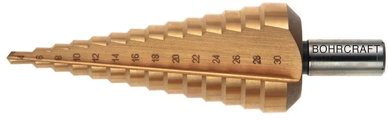 Zertifiziert Bohrcraft Stufenbohrer HSS-TiN Abstufung 2 mm Gr. 3A / 4-30 mm in Bohrcraft-QuadroPack | 4,0 - 30,0 mm | 2 mm | 1084119